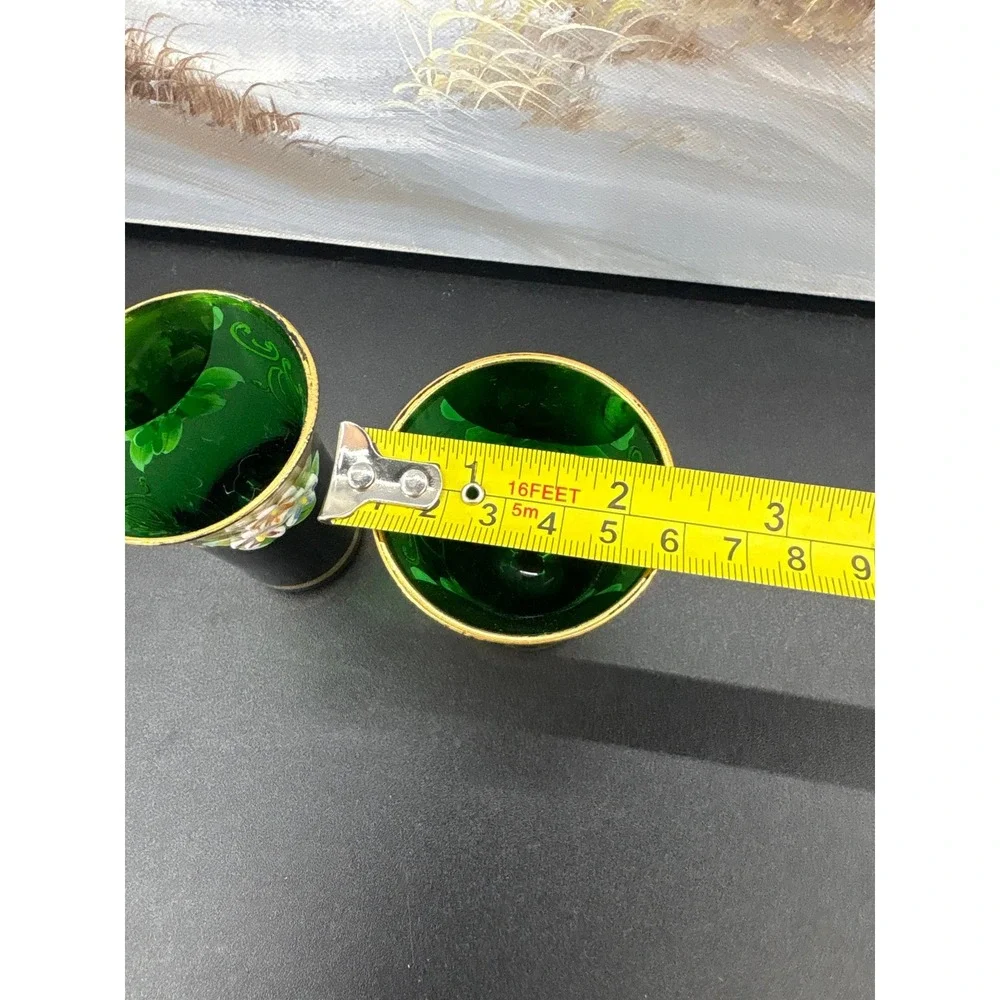 Vintage Bohemian Emerald Green Glass Shot Glasses Hand Painted Enamel Gold Gilt